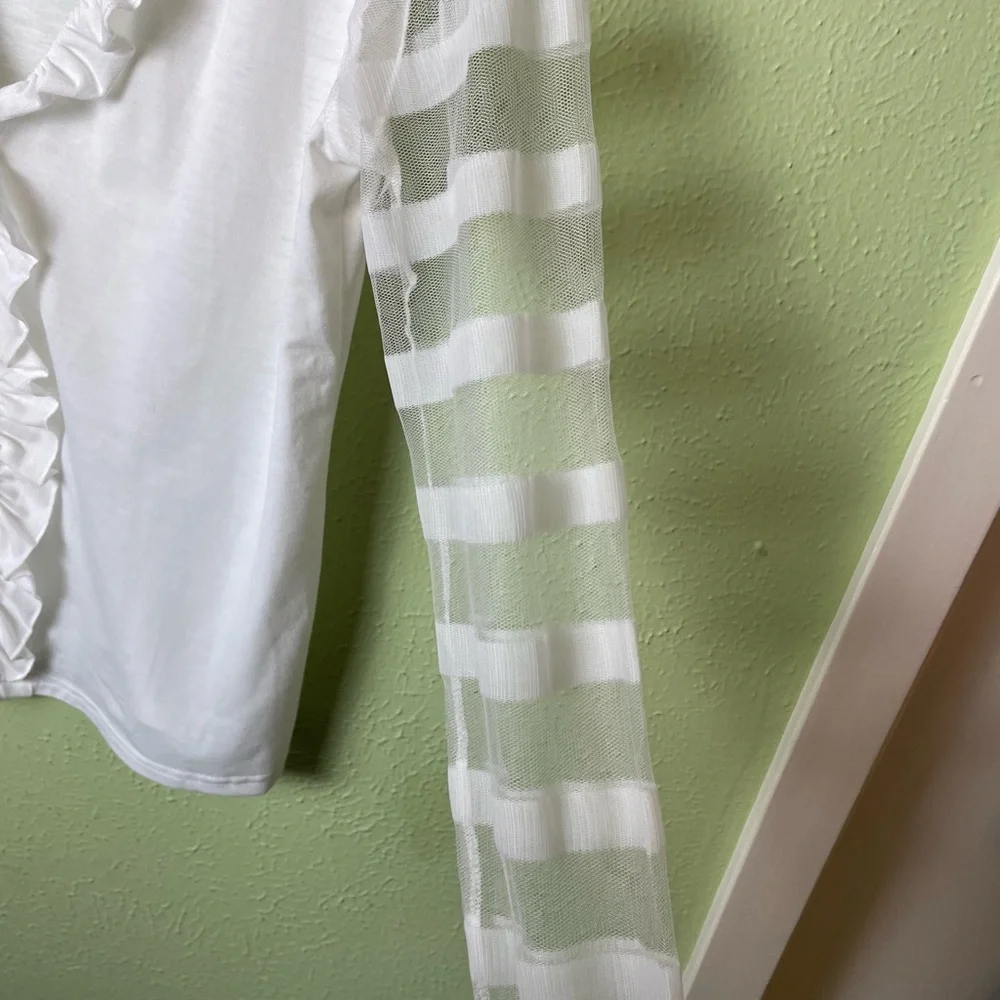 Misslook White Ruffle Top with Sheer Striped Long Sleeves - Picture 5 of 5